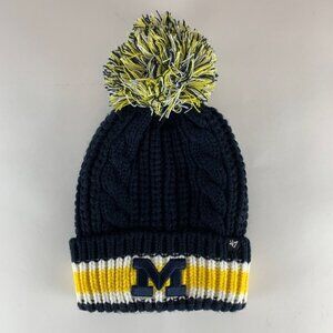 Michigan Wolverines NCAA Womens Navy Blue Gold 47 Brand Knit Pom Beanie